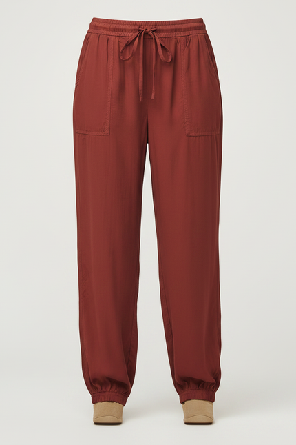 Pantalon Fluide Rouge Brique Cordon Décontracté Femme - Bordeaux Viscose - vue 3