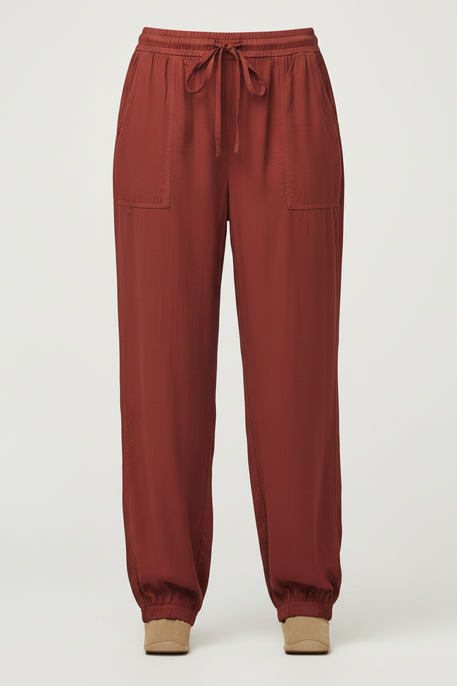 Pantalon Fluide Rouge Brique Cordon Décontracté Femme - Bordeaux Viscose - vue 3