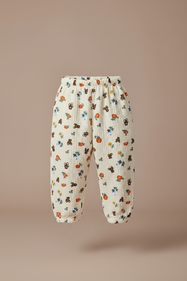 Pantalon Fluide Écru Imprimé Ours Fleuri Ample Coton - Beige - vue 3