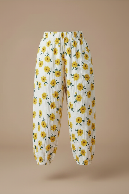 Pantalon Fluide Blanc Imprimé Tournesols Muslin Ample - Coton - vue 3