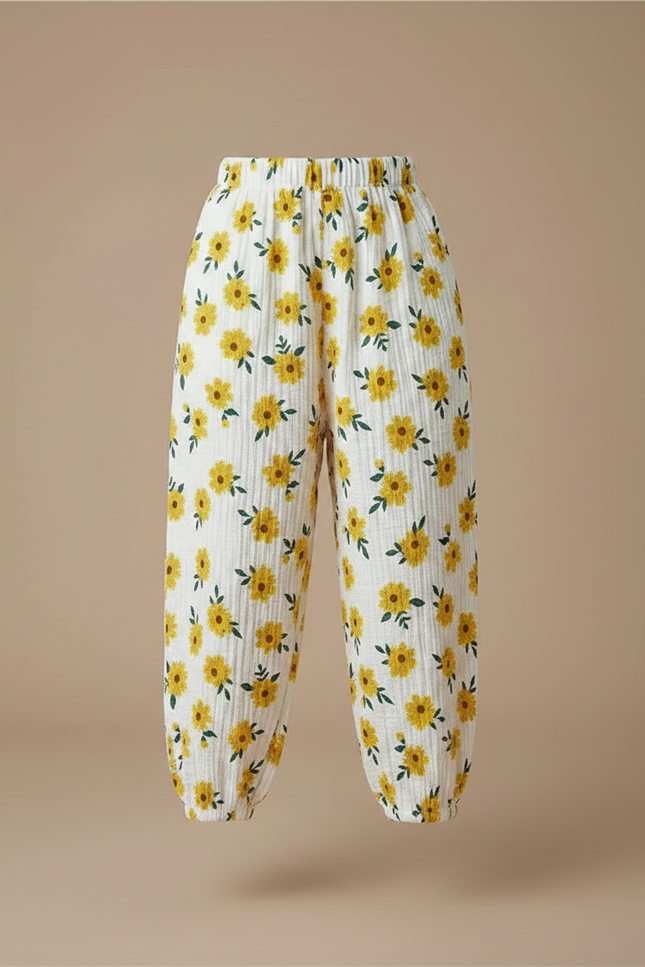 Pantalon Fluide Blanc Imprimé Tournesols Muslin Ample - Coton - vue 3