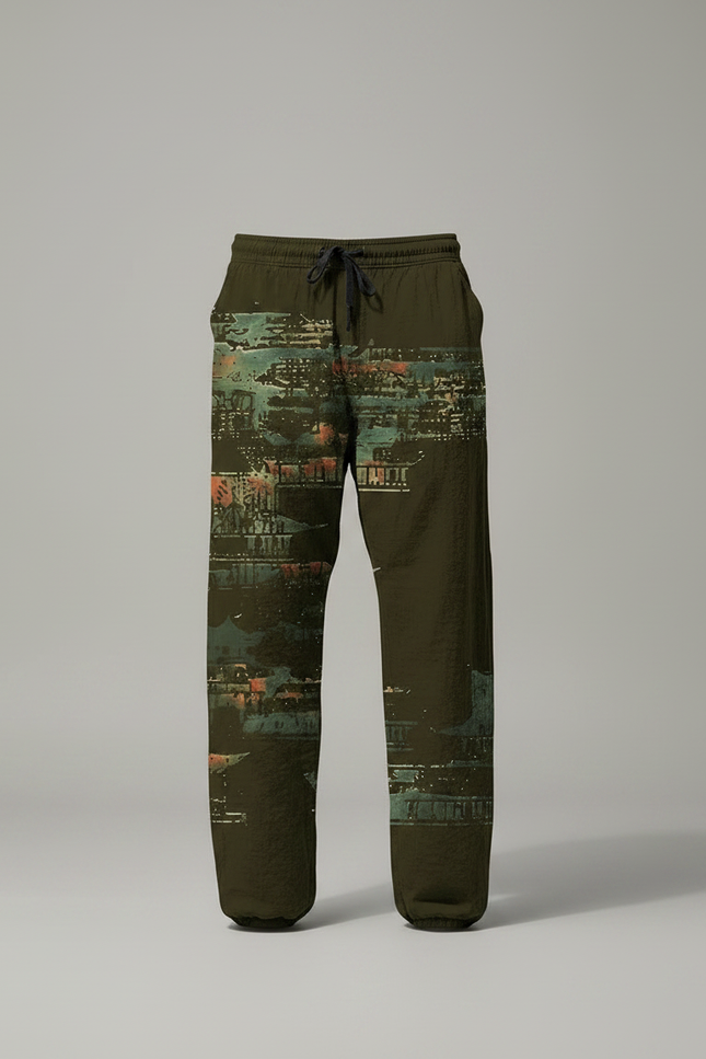 Pantalon Fluide Vert Ample Imprimé Urbain Cordon Homme - Kaki Polyester - vue 3