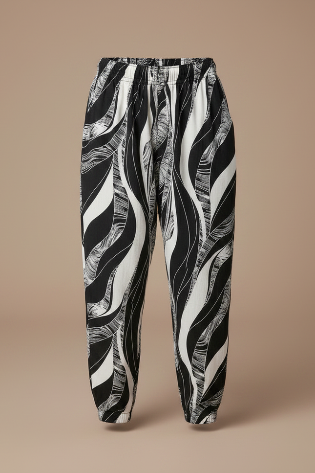 Pantalon Fluide Noir Blanc Imprimé Abstrait Confortable - Viscose - vue 3