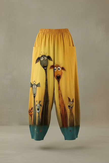 Pantalon Fluide Jaune Ample Imprimé Animaux Décontracté - Lin - vue 3