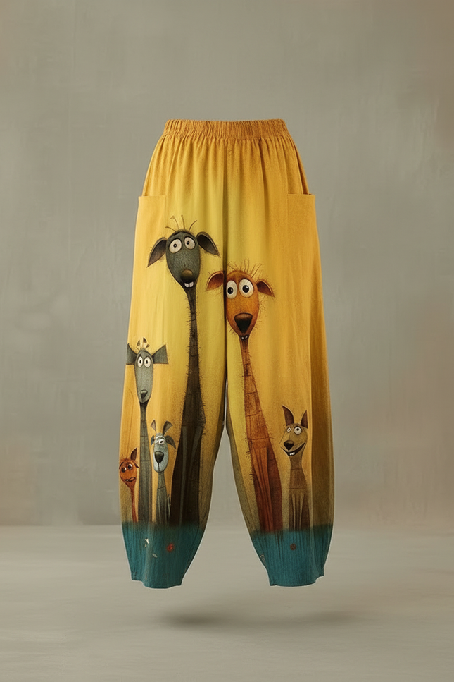 Pantalon Fluide Jaune Ample Imprimé Animaux Décontracté - Lin - vue 3