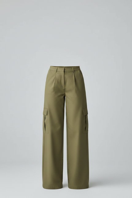 Pantalon Fluide Cargo Vert Ample Décontracté Femme - Kaki Gabardine - vue 3