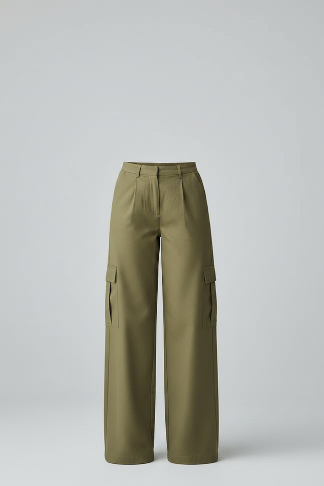 Pantalon Fluide Cargo Vert Ample Décontracté Femme - Kaki Gabardine - vue 3