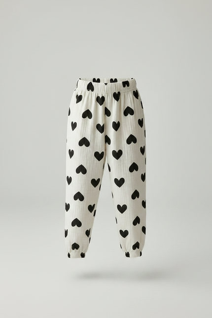 Pantalon Fluide Écru Cœurs Noirs Ample Muslin Enfant - Beige Coton - vue 3