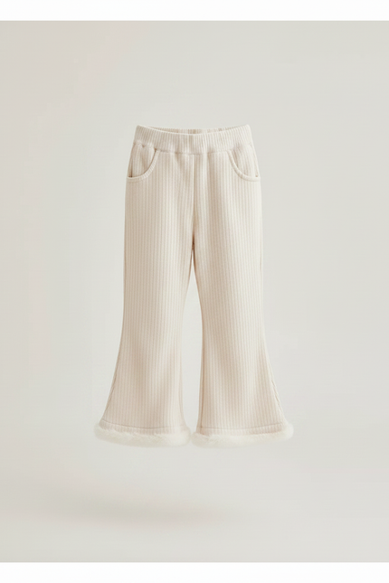 Pantalon Fluide Écru Côtelé Évasé Fourrure Fille - Beige Maille - vue 3