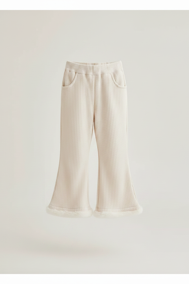 Pantalon Fluide Écru Côtelé Évasé Fourrure Fille - Beige Maille - vue 3