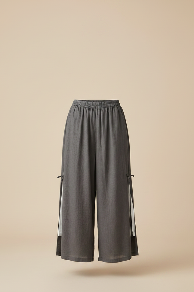 Pantalon Fluide Gris Ample Lin Coton Fille Décontracté - vue 3