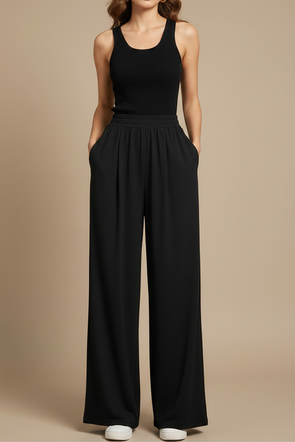 Pantalon Fluide Noir Ample Taille Haute Drapé Décontracté - Viscose - vue 3