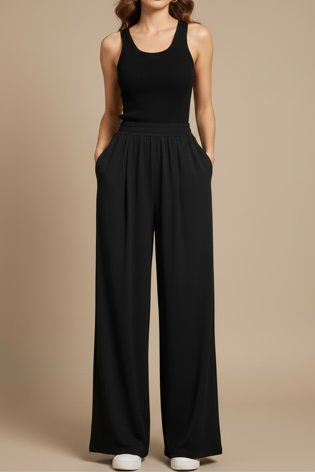 Pantalon Fluide Noir Ample Taille Haute Drapé Décontracté - Viscose - vue 3