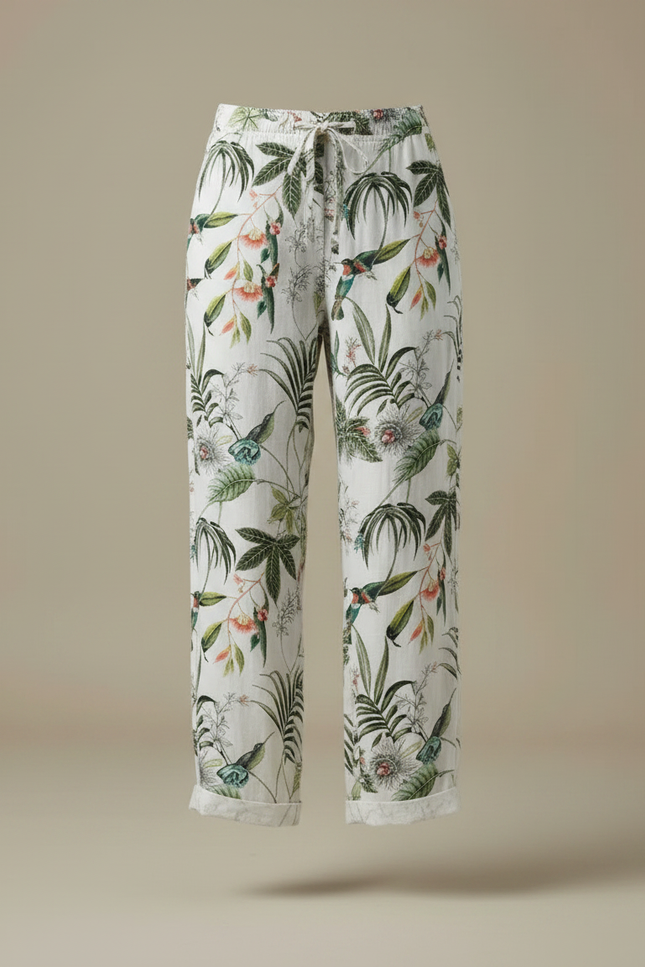 Pantalon Fluide Blanc Imprimé Tropical Ample Estival - Lin - vue 3