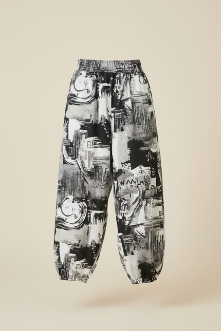Pantalon Fluide Imprimé Abstrait Ample Décontracté Noir Blanc - Viscose - vue 3