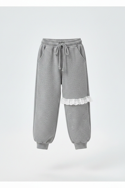 Pantalon Fluide Gris Ample Cordon Dentelle Décontracté Fille - Molleton - vue 3
