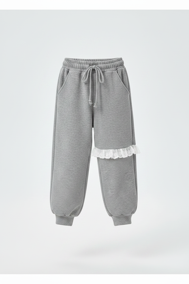 Pantalon Fluide Gris Ample Cordon Dentelle Décontracté Fille - Molleton - vue 3
