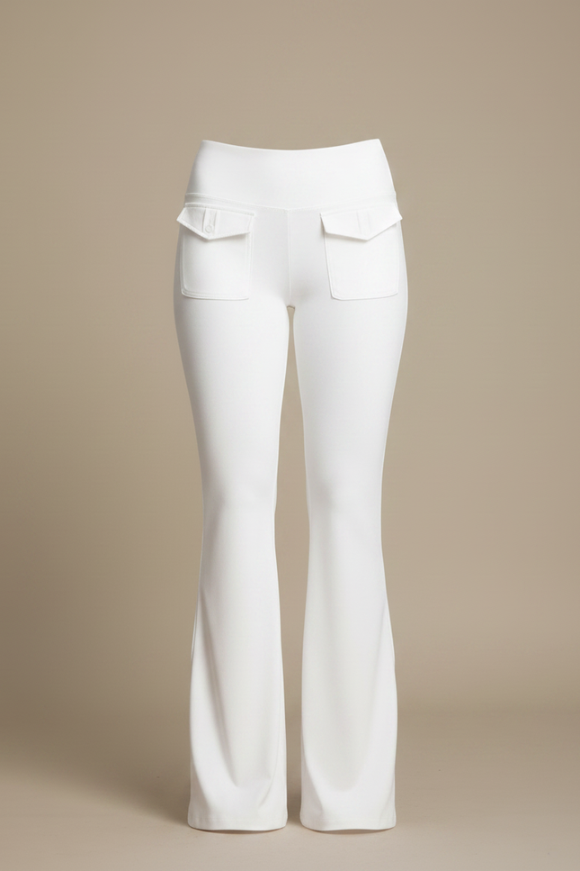 Pantalon Fluide Blanc Taille Haute Évasé Poches Yoga - Maille - vue 3
