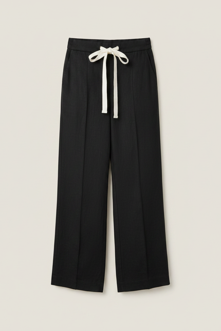 Pantalon Fluide Noir Ample Coton Lin Cordon - vue 3