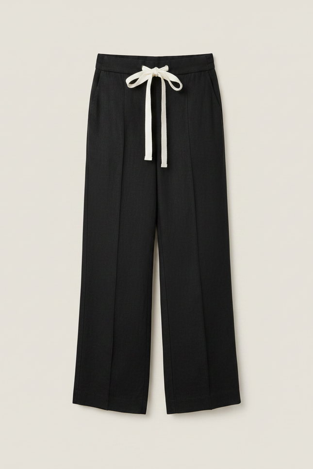 Pantalon Fluide Noir Ample Coton Lin Cordon - vue 3