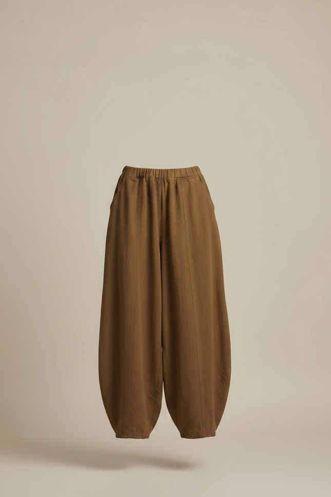 Pantalon Fluide Marron Ample Coton Lin Élégant - Kaki - vue 3