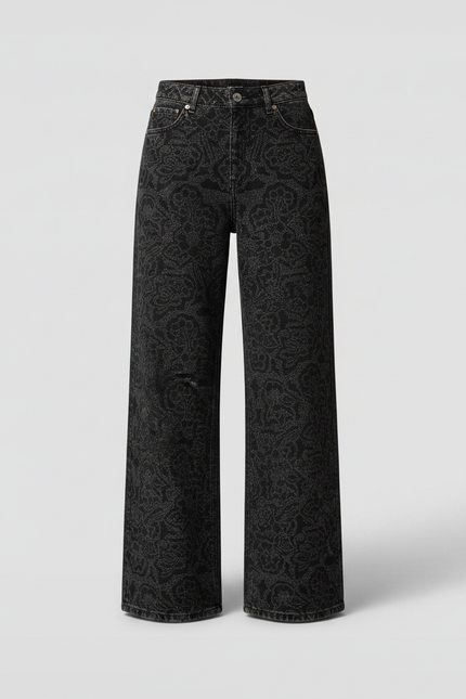 Pantalon Fluide Noir Imprimé Paisley Pailleté Large Femme - Jean - vue 3
