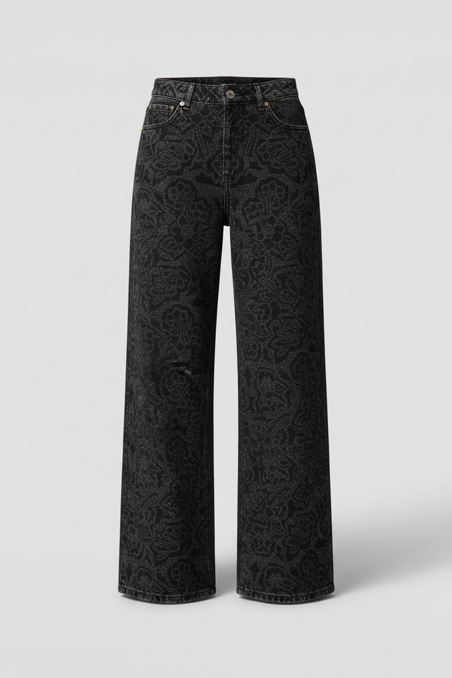 Pantalon Fluide Noir Imprimé Paisley Pailleté Large Femme - Jean - vue 3