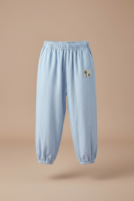 Pantalon Fluide Bleu Coton Ample Brodé Unisexe - Lin - vue 3