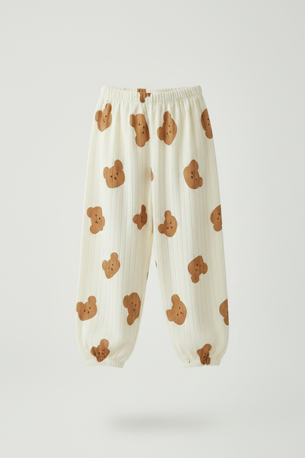 Pantalon Fluide Écru Côtelé Ample Imprimé Oursons Coton - Beige - vue 3
