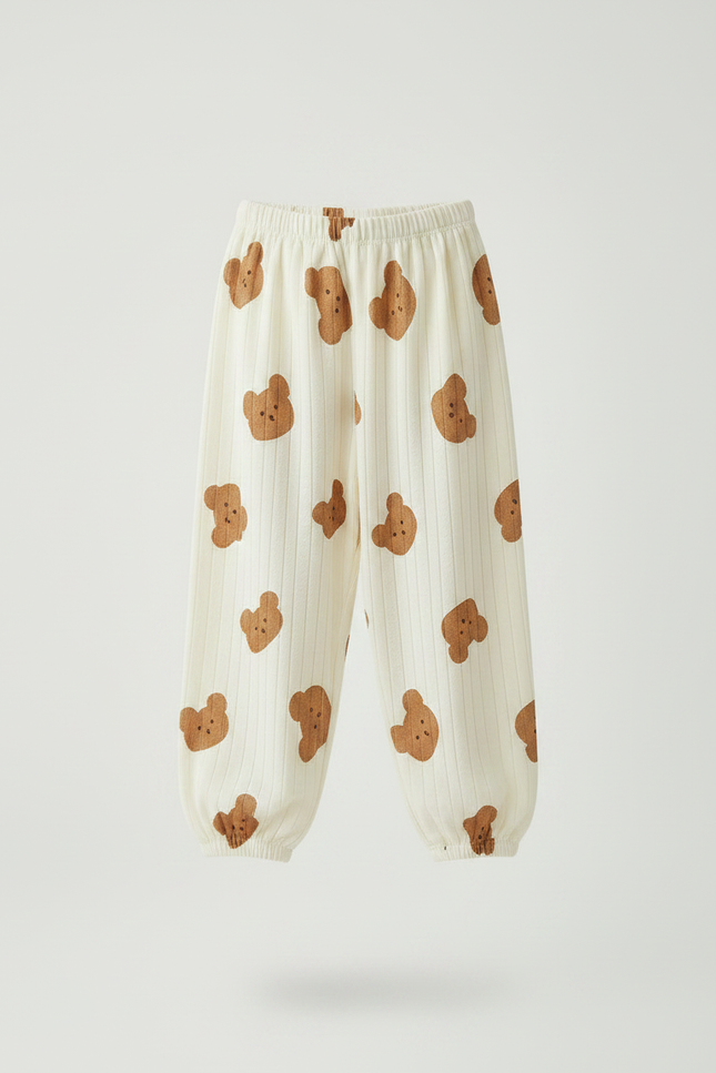 Pantalon Fluide Écru Côtelé Ample Imprimé Oursons Coton - Beige - vue 3