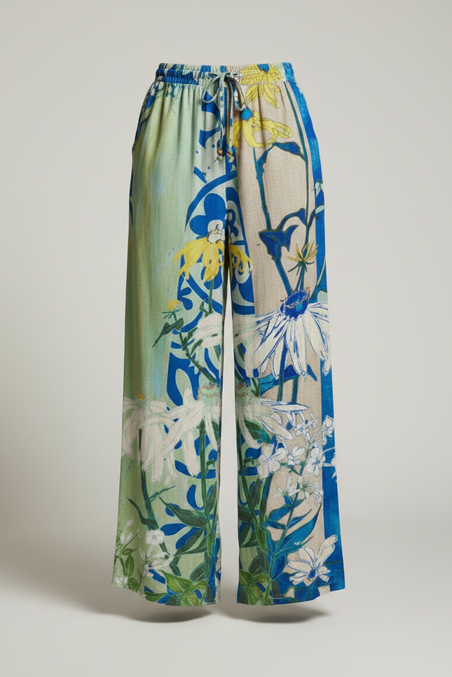 Pantalon Fluide Fleuri Vert - Lin - vue 3