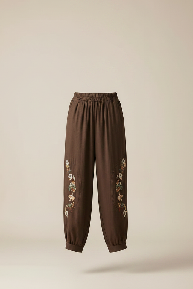 Pantalon Fluide Marron Brodé Ample Confortable Élastique - Lin - vue 3