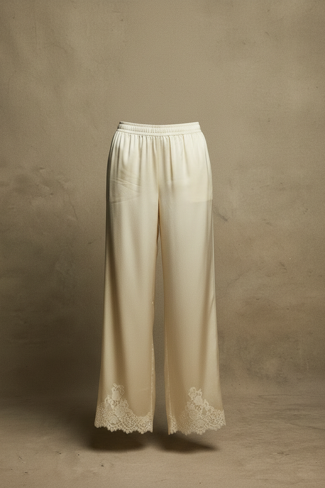 Pantalon Fluide Satiné Écru Ample Dentelle Élégant - Beige - vue 3