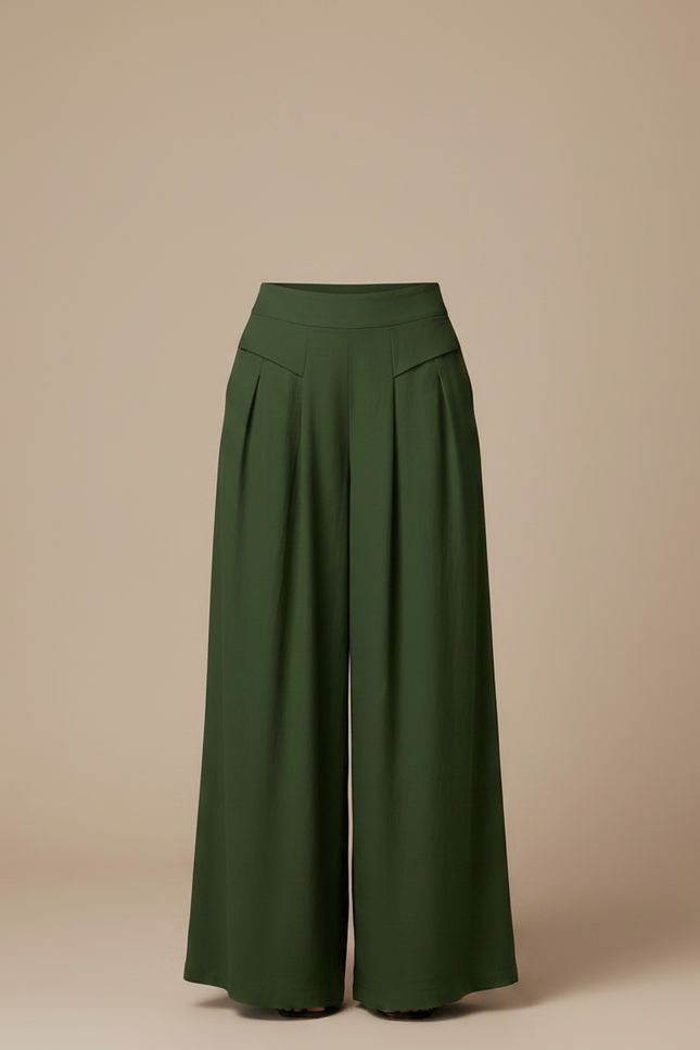 Pantalon Fluide Vert Militaire Ample Taille Haute Plissé Elégant - Lin - vue 3