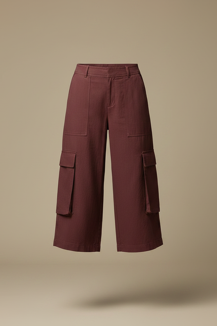Pantalon Fluide Cargo Bordeaux Court Coton Ample - vue 3