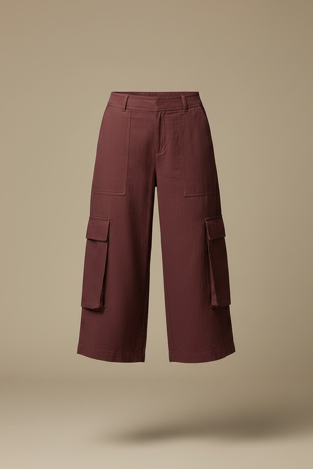 Pantalon Fluide Cargo Bordeaux Court Coton Ample - vue 3