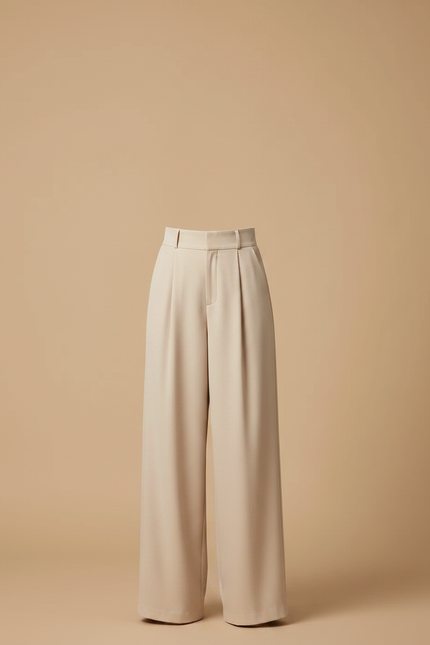 Pantalon Fluide Écru Taille Haute Ample Élégant - Beige Polyester - vue 3