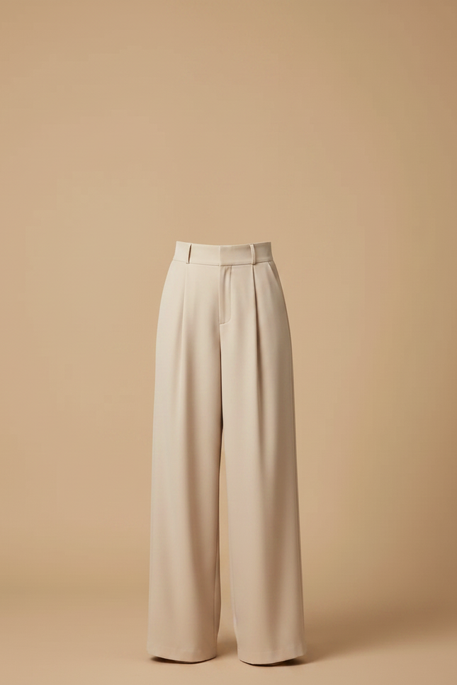 Pantalon Fluide Écru Taille Haute Ample Élégant - Beige Polyester - vue 3