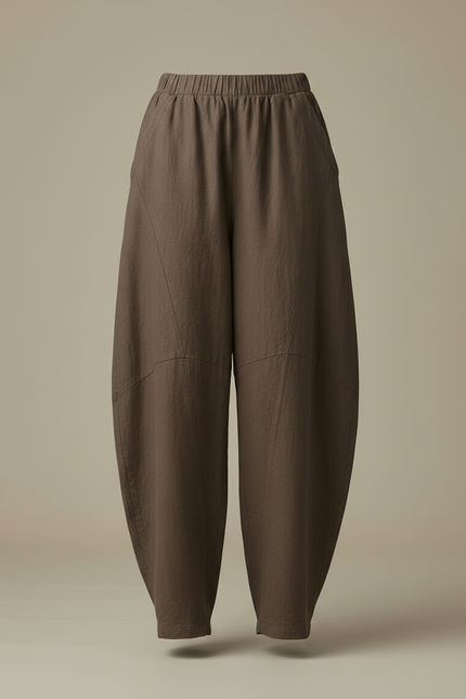 Pantalon Fluide Marron Ample Lin Décontracté Élastique Harem - vue 3