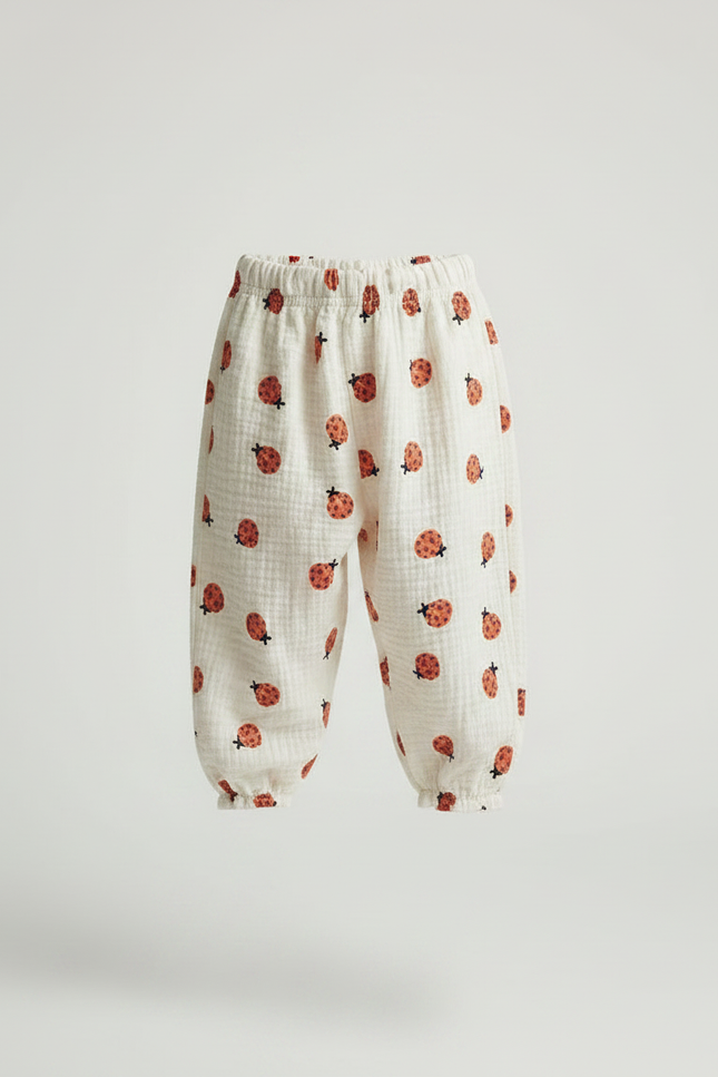 Pantalon Fluide Écru Coton Ample Motif Coccinelles - Beige - vue 3