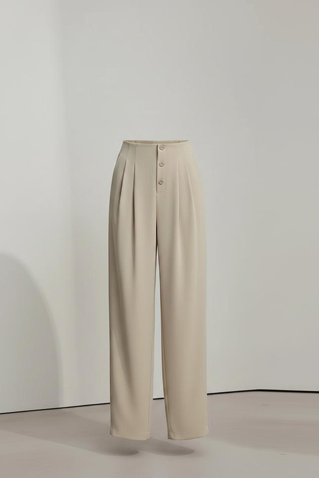 Pantalon Fluide Beige Plissé Taille Haute Élégant Droit - Polyester - vue 3