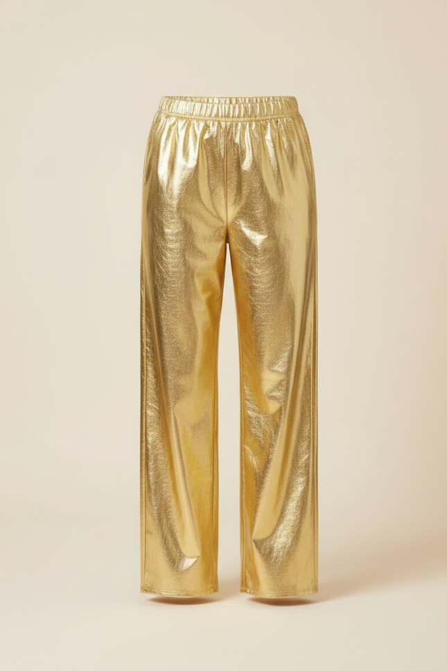 Pantalon Fluide Doré Métallisé Ample Taille Haute Brillant - Polyester - vue 3