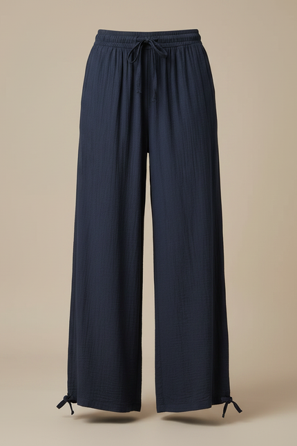 Pantalon Fluide Bleu Marine Ample Coton Cordon Femme - vue 3