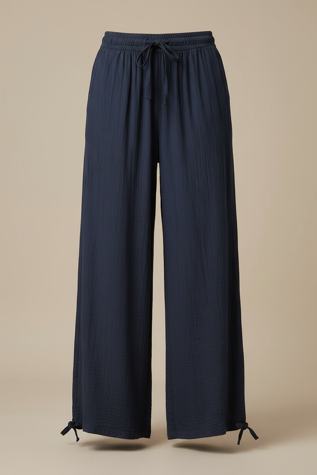 Pantalon Fluide Bleu Marine Ample Coton Cordon Femme - vue 3