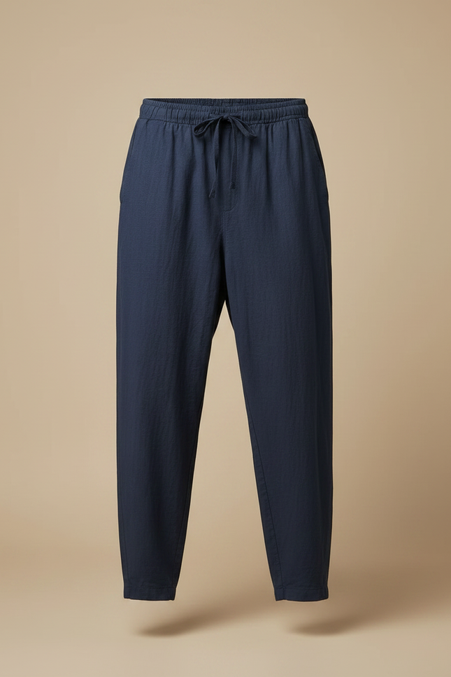 Pantalon Fluide Coton Lin Bleu Marine Ample Décontracté Homme - vue 3