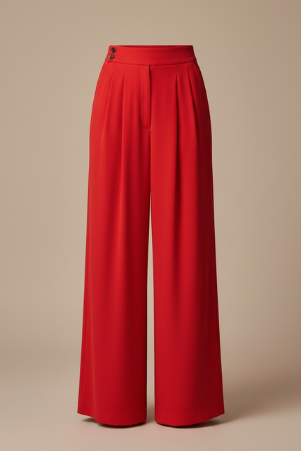 Pantalon Fluide Rouge Ample Plissé Taille Haute Élégant - Polyester - vue 3