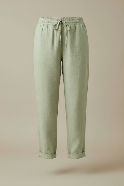 Pantalon Fluide Vert Lin Coton Ample Décontracté Cordon - vue 3