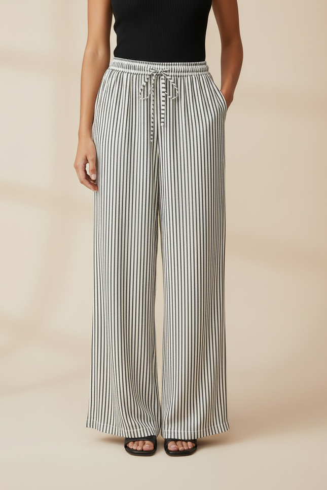 Pantalon Fluide Rayé Noir Blanc Ample Cordon Décontracté - Multicolore Lin - vue 3