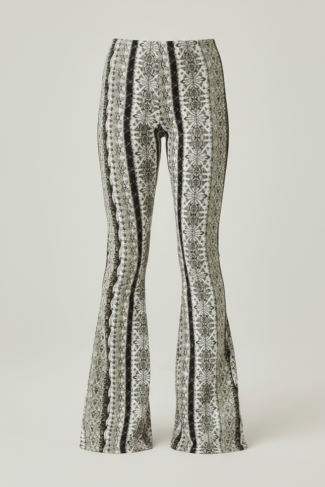 Pantalon Fluide Imprimé Évasé Noir Blanc Bohème - Viscose - vue 3
