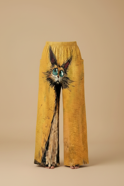 Pantalon Fluide Jaune Ample Imprimé Chat Mignon - Lin - vue 3